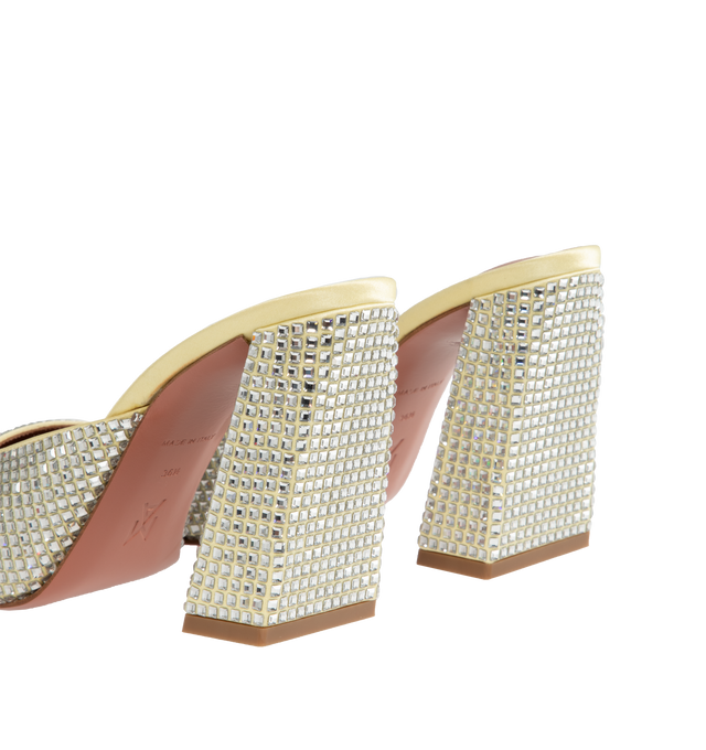 Image 3 of 4 - GOLD - AMINA MUADDI Charlotte Crystal Mule Satin featuring block heel, crystal embellished and square toe. 100% satin. Lining: 100% goat. Sole: 70% leather, 30% rubber.  