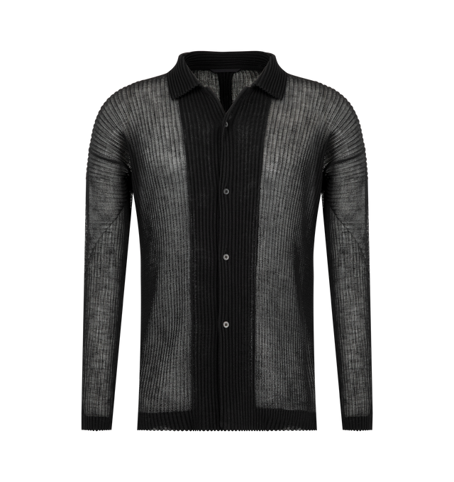Image 1 of 2 - BLACK - Issey Miyake Mens Open-Collar Shirt is crafted from lightweight mesh fabric with a structured feel. Features an open collar, button-front closure, pleated construction, and a relaxed silhouette designed for layering. Main Material: 100% Polyester. Made in the Philippines. 