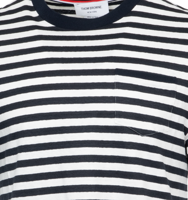NAVY - THOM BROWNE Striped Linen Pocket T-Shirt featuring classic horizontal stripes, chest pocket, crewneck, short sleeves and pulls over. 96% linen, 4% elastane. Made in Italy.