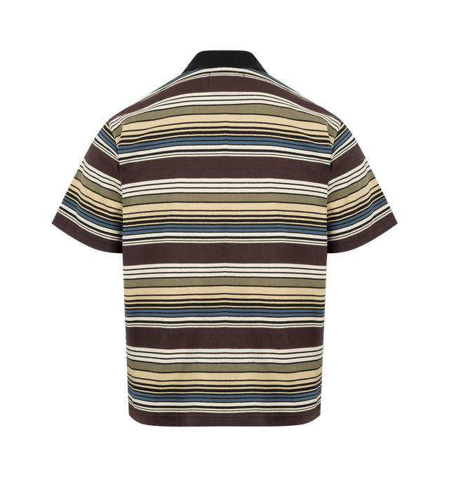 Image 2 of 2 - BROWN - SACAI Horizontal Stripe T-shirt featuring quarter zip polo collar, short sleeves and stripes thoughout. Made in Japan. 