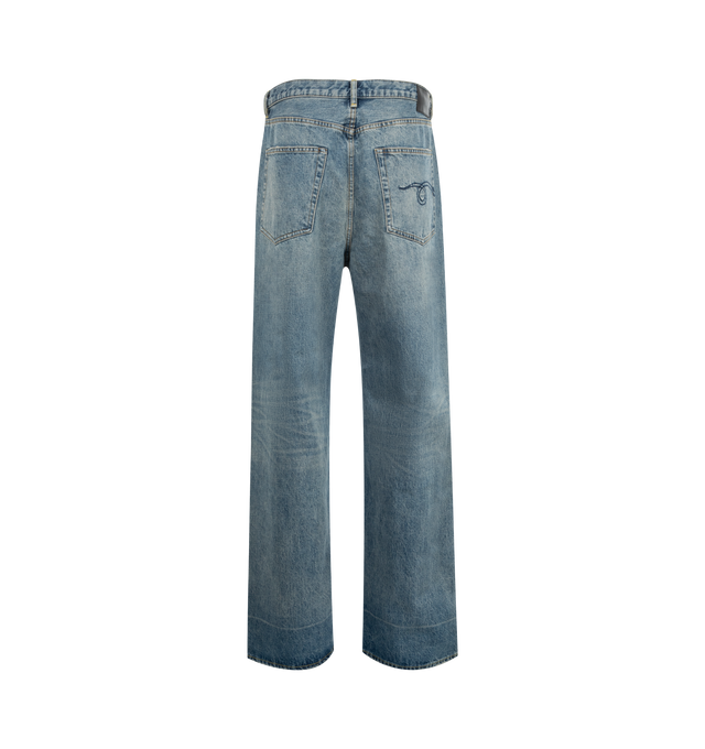 Image 2 of 3 - BLUE - R13 D'Arcy Loose Jeans are a 5-pocket style with a loose fit, whiskering and fading overall, a leather logo patch at the back, and embroidery on the rear pocket.  