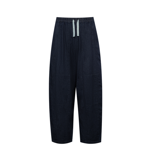 Image 1 of 3 - BLUE - NEEDLES H.D. Pant 6oz Denim featuring an exaggerated front created by darts sewn into the waist and hem, loose and lightweight denim with drawstring elastic waist. 100% cotton. Made in Japan. 