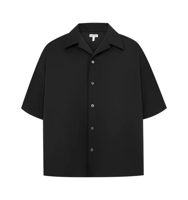 Image 1 of 2 - BLACK - Loewe Shirt in lightweight wool tailoring featuring a boxy fit, regular length, camp collar, button front fastening, side slits and double L embroidery placed on the chest. Made in Italy. 