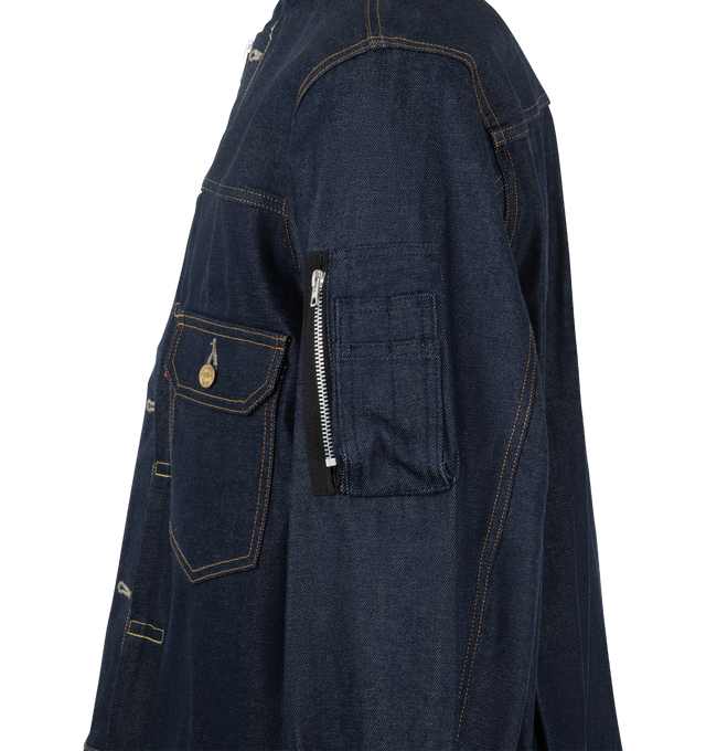 Image 3 of 5 - BLUE - Sacai X Levi's Men's Blouson Denim Jacket is crafted from a medium-dark wash cotton denim featuring a deconstructed denim design with a central zipper and utility pocket details on the sleeve. Main Material: 100% Cotton. Made in Japan. 