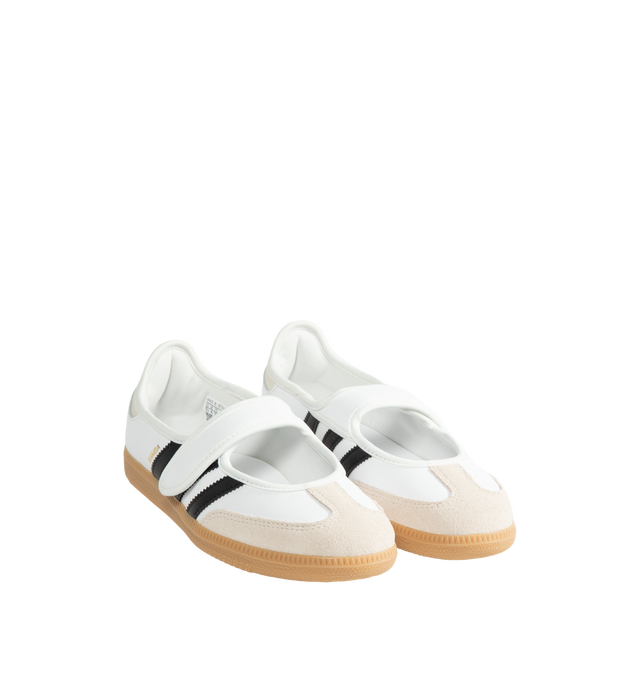 Image 2 of 5 - WHITE - Adidas Women's Samba Jane Shoes are crafted from smooth leather and feature a modern Mary Jane-inspired interpretation of the iconic Samba silhouette. Designed with signature serrated 3-Stripes, a low-profile shape, satin lining, and a gum rubber outsole, this style blends the heritage of the original indoor trainer with a contemporary everyday aesthetic.  