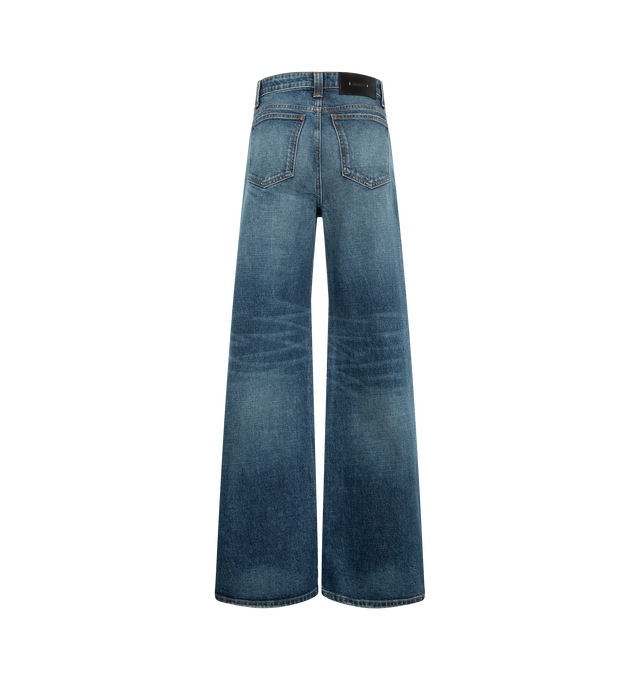 Image 2 of 3 - BLUE - Khaite Women's Wide-Leg Jean is crafted from stretch indigo denim and features a high-rise waist, classic five-pocket styling, and a wide-leg silhouette with a refined flare below the knee. Designed to visually elongate the legs, this modern denim style combines tailored proportions with everyday versatility. Main Material: 98% Cotton, 2% Polyurethane. Made in USA. 