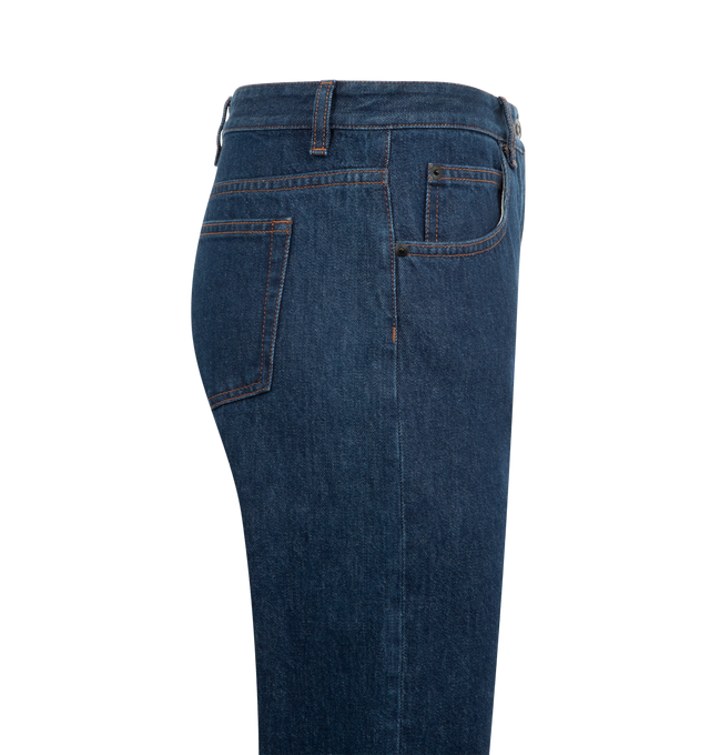 Image 3 of 3 - BLUE - THE ROW Riaco Jean featuring mid-rise jean in rinsed indigo cotton denim with slim leg, contrast topstitching and classic 5-pocket construction. 100% cotton. Made in Italy. 