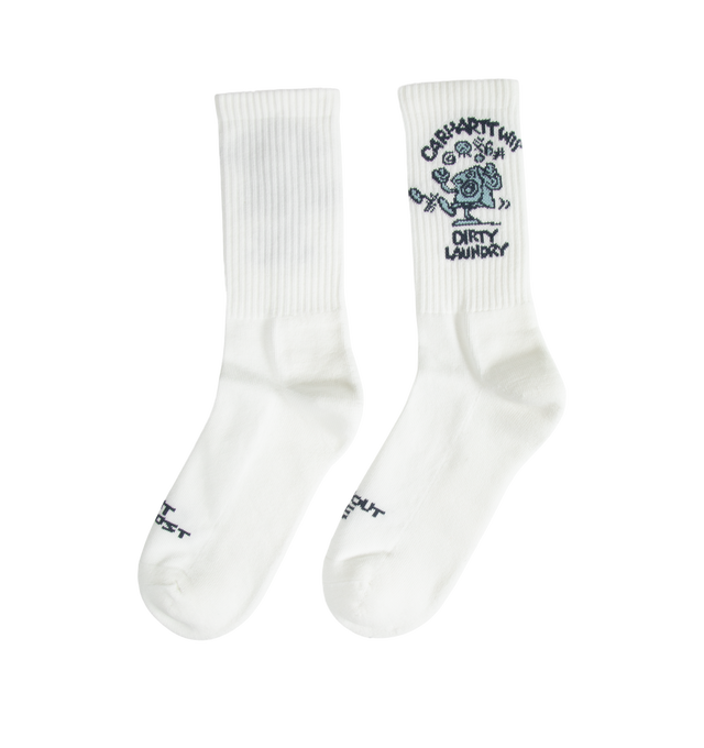 Image 2 of 2 - WHITE - Carhartt WIP Unisex Dirty Laundry Socks are crafted from a stretch cotton blend and feature an anatomical shape, rib-knit openings, and a graphic jacquard motif. Designed for everyday comfort, they are finished with a French terry panel at the inner sole for a softer feel. Main Material: 82% Cotton, 16% Polyester, 2% Elastane.  