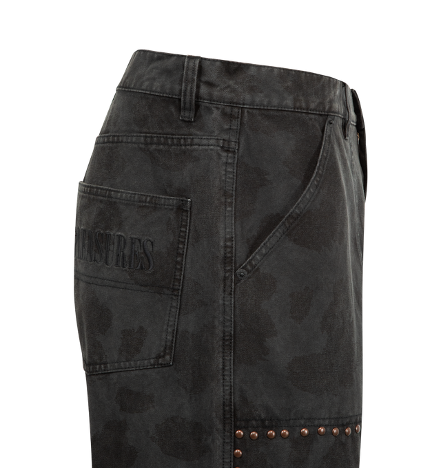 Image 3 of 3 - BLACK - PLEASURES Cowhide Double Knee Pant featuring regular-fit, straight-leg, four-pockets, stud-embellishments and zip-fly closure. 100% cotton. 