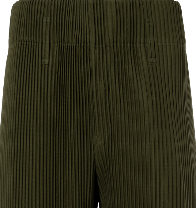 GREEN - ISSEY MIYAKE Pleats Bottoms 2 featuring concealed drawstring at waistband, two-pocket styling, button-fly, pinched seams at front and back and cropped leg. 100% polyester. Made in Japan.