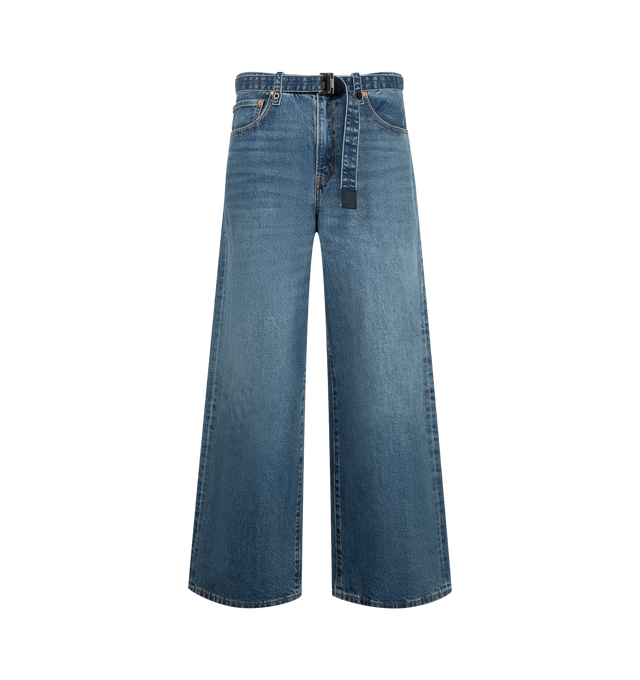 Image 1 of 5 - BLUE - Sacai X Levi's Men's Belted Wide leg pants are crafted from a medium-dark wash cotton denim and feature a high-rise waist, wide-leg silhouette, a buckled belt, signature Levi back-pocket design, and utility-inspired patch pockets. Main Material: 100% Cotton. Made in Japan. 