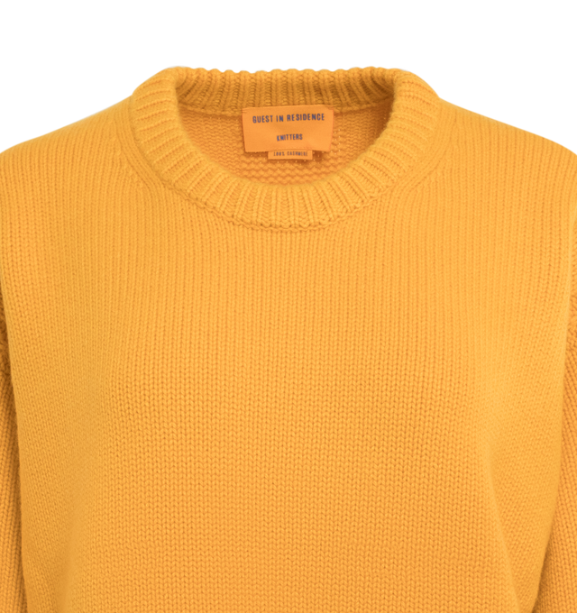 Image 3 of 3 - YELLOW - GUEST IN RESIDENCE Cozy Crew featuring oversized fit, crew neck, dropped shoulder, reverse jersey detail around arm & shoulder with tuck stitch, ribbed neck trim, cuff and hem, side slit at hem and jersey cable. 100% cashmere.  