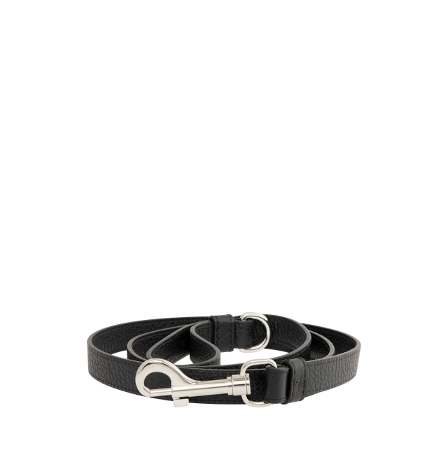 Image 1 of 2 - BLACK - MAISON MARGIELA Leash featuring a dog leash in embossed grainy leather printed with signature logo, silver-tone hardware including a lobster clasp and D-ring, with an adjustable handle loop. 