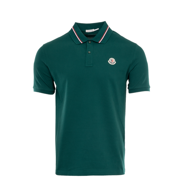 Image 1 of 3 - GREEN - MONCLER Logo Polo Shirt featuring short sleeves, knit collar and cuffs, patch polo on chest and tricolor trim. 100% cotton. 