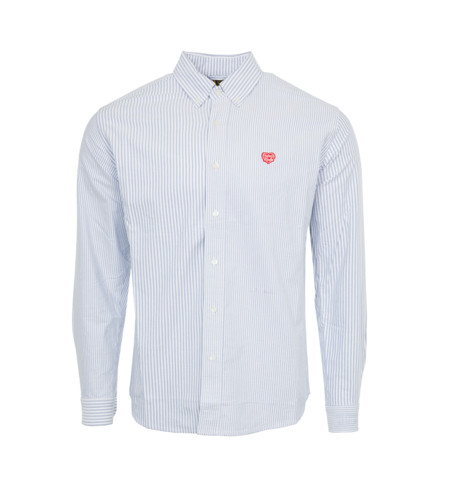 Image 1 of 3 - BLUE - HUMAN MADE Stripe Oxford Shirt featuring point collar, button down closure, brand chest patch and stripes throughout. 100% cotton. 
