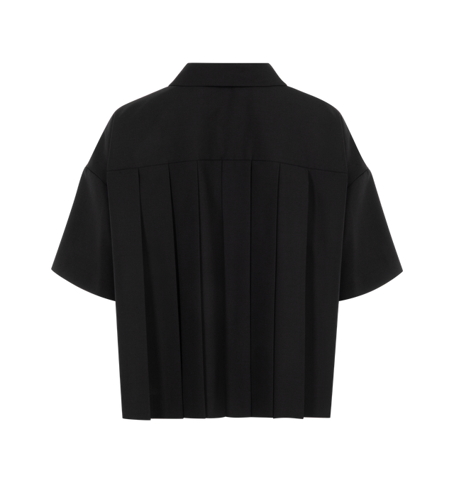 Image 2 of 2 - BLACK - Sacai Women's Suiting Shirt featuring point collar, button-front fastening, cropped length, pleated in back, short sleeves and button-down flap pockets at chest. 70% Polyester, 30% Wool. Made in Japan. 