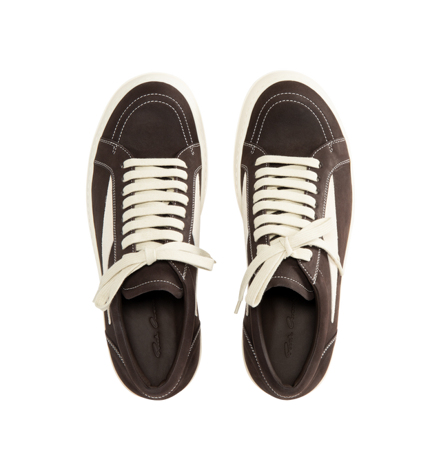 Image 5 of 5 - BROWN - Rick Owens Vintage Sneaks Sneakers featuring low top, lace-up closure, calfskin suede appliqu at sides, twill lining and treaded rubber sole. Upper: textile, calfskin. Sole: rubber. Made in Italy. 