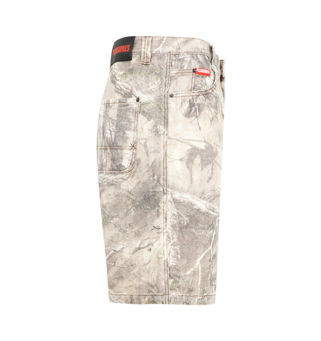 Image 3 of 3 - NEUTRAL - PLEASURES Hunt Canvas Jorts featuring snap closure, front pocket detail, enzyme washed, leather patch and woven label. 100% cotton printed camo canvas. 