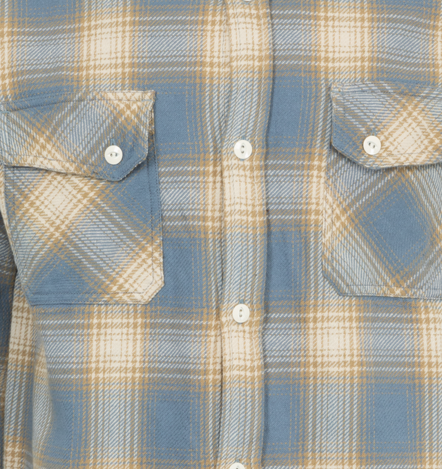 Image 3 of 3 - BLUE - 3Sixteen Crosscut Flannel Shirt features a button front closure, a lightly textured feel, chest pockets with button flap closures, and button cuffs. 100% cotton flannel. Made in India.  