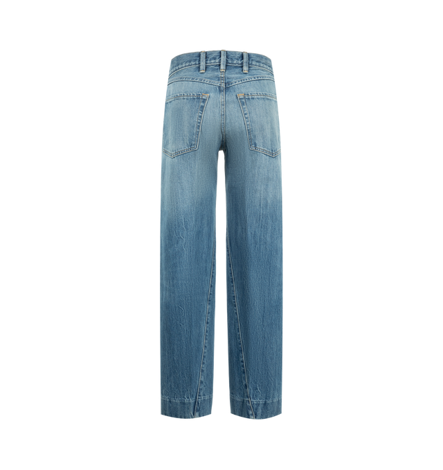 Image 2 of 3 - BLUE - Radh Women's The Bijou Jean is crafted from denim and features a mid-rise silhouette with a cropped wide leg in a faded vintage Dubois wash. Designed for a snug fit through the waist and thigh, this designer jean falls into a full, straight leg that balances structure with ease and is finished with Radh's signature semi-precious gold-tone hardware. Main Material: 5% Regenerative Cotton, 25% Recycled PIW Denim. Hardware: Made in Italy with 60% recycled brass and 100% recycled stainless  