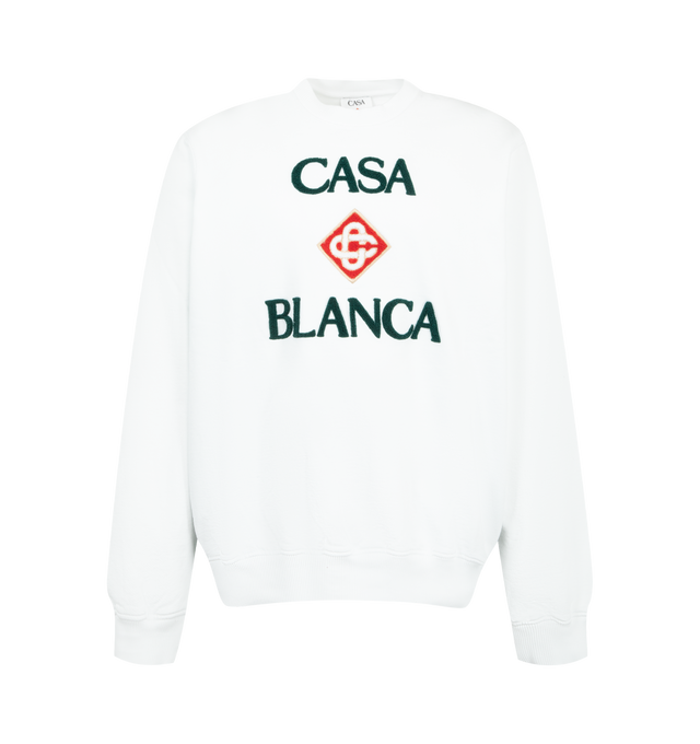 Image 1 of 3 - WHITE - CASABLANCA Boucle Embroidered Cotton Sweatshirt featuring embroidered graphic to the front, crew neck, long sleeves, ribbed cuffs and straight hem. 100% cotton.  