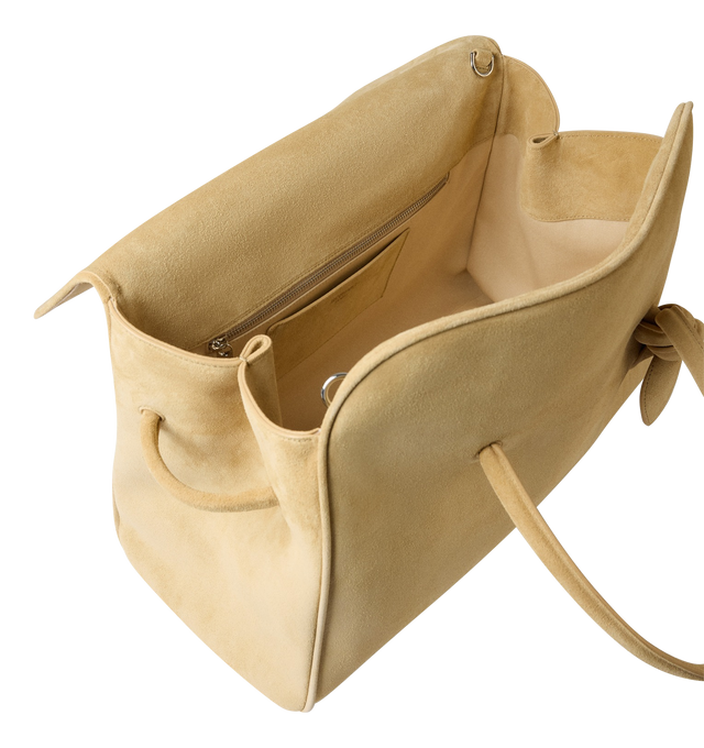 Image 4 of 4 - NEUTRAL - JACQUEMUS Turismo Shopper Bag featuring soft suede, magnetic flap closure, two top handles, adjustable and removable cross-body strap, tied bow detail and large interior patch pocket. 16.54  15.35  7.68 in. Handle height: 7.87 in. 100% calf leather. Made in Italy. 