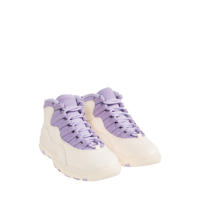 Image 2 of 5 - PURPLE - JORDAN Air Jordan 10 Retro Sneaker featuring tumbled Chalk leather with luxe Hydrangea nubuck blooming on the upper, Jumpman logo on the outsole, full-length Nike Air cushions, lace up closure, foam midsole with encapsulated Air unit and rubber outsole. 