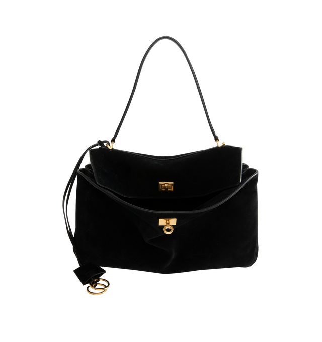 Image 3 of 4 - BLACK - Balenciaga Rodeo Handbag Medium is crafted from suede calfskin and smooth calfskin leather and features a structured yet relaxed silhouette with a top handle and removable shoulder strap. Designed with a turn-lock closure, aged-gold hardware, a removable cloche cls, a wide front pocket, and multiple interior compartments, the bag offers versatile carry options and everyday functionality. Main Material: Calfskin Leather. Lining: Nappa Lambskin. Made in Italy. 