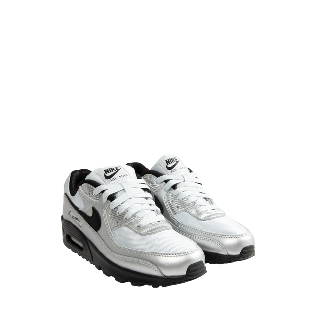 Image 2 of 5 - SILVER - Nike Air Max 90 Premium "Scorpion" Sneakers feature a genuine and synthetic leather upper with layered synthetic overlays, signature Scorpion graphics, and a classic low-top silhouette. Inspired by Nike's Scorpion Pack, these lifestyle sneakers combine visible Max Air cushioning with a durable rubber Waffle outsole for lightweight comfort, reliable traction, and iconic '90s style. Main Material: Genuine Leather, Synthetic Leather, and Synthetic. Midsole: Foam with Visible Max Air U 