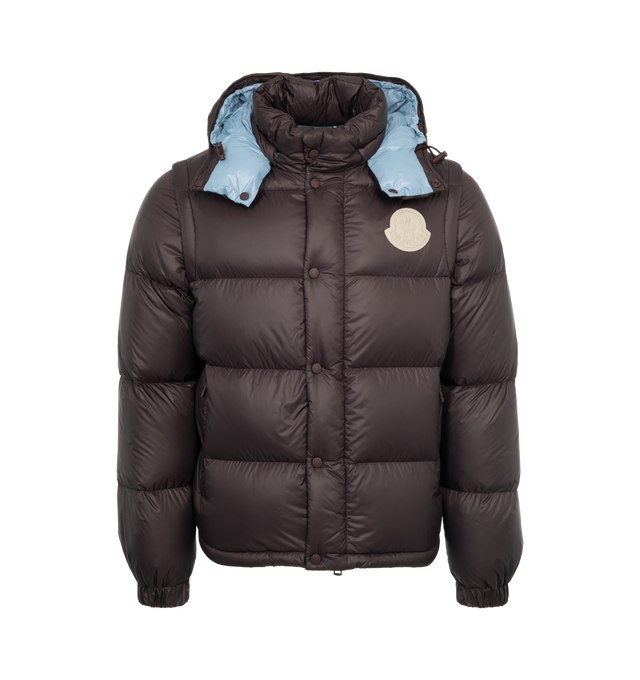 Image 1 of 4 - BROWN - MONCLER Cyclone Jacket featuring down-filled, hood, snap button and zipper closure, pockets with zipper closure, hem with elastic drawstring fastening and logo patch. 100% polyamide/nylon. Padding: 90% down, 10% feather. 