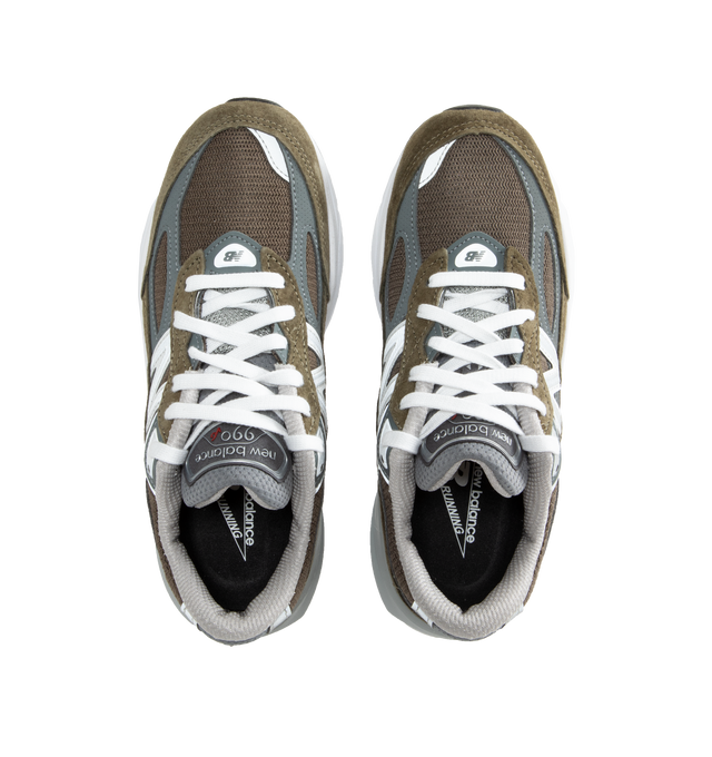 Image 5 of 5 - GREEN - New Balance Made in USA 990V6 running shoe features a olive mesh upper, with grey synthetic overlays, and olive suede mudguard, ENCAP midsole cushioning, padded collar and lace up style. 