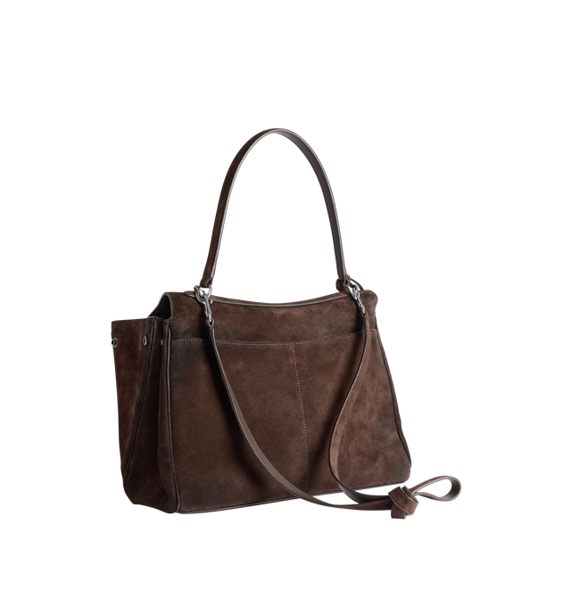 Image 2 of 4 - BROWN - BALENCIAGA Rodeo Handbag Medium in waxed suede calfskin and smooth calfskin featuring one handle, removable shoulder strap, removable cloche cls with two split rings, aged-silver hardware, turn lock closure, wide front pocket, 1 main compartment, 1 inner zipped pocket, 2 flat pockets at back, side snaps, 4 brass feet and nappa lambskin lining. L13.8 x H9.2 x W4.3 inch. Calfskin. Made in Italy. 