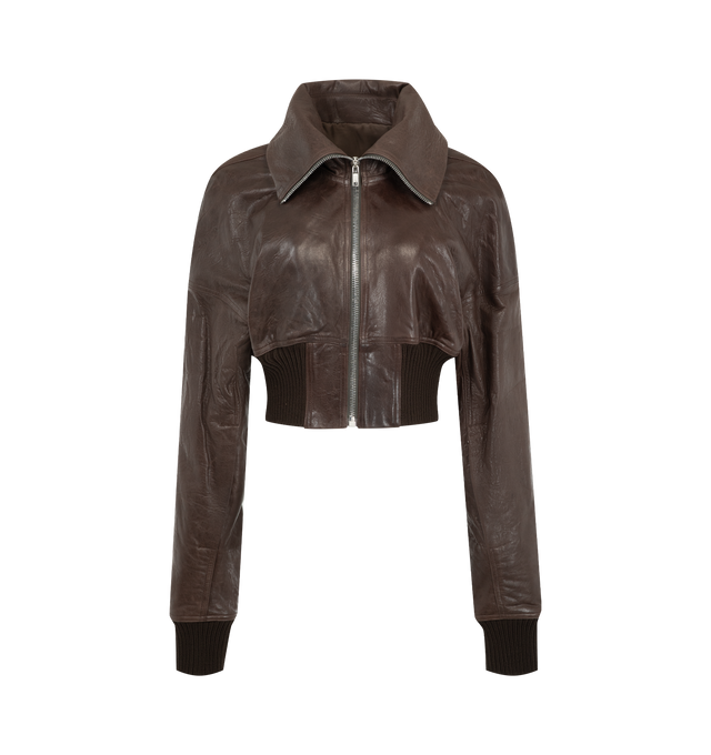 Image 1 of 3 - BROWN - Rick Owens Womens Dracuflight Cropped Jacket is crafted from vegetable-tanned tumbled lamb leather. Features a cropped waist-length silhouette, dropped shoulders, front zip closure, extended reinforced collar, wide ribbed cuffs and hem, and a fully lined interior. Main Material: Lamb Leather; Lining: Fully Lined. Made in Italy. 