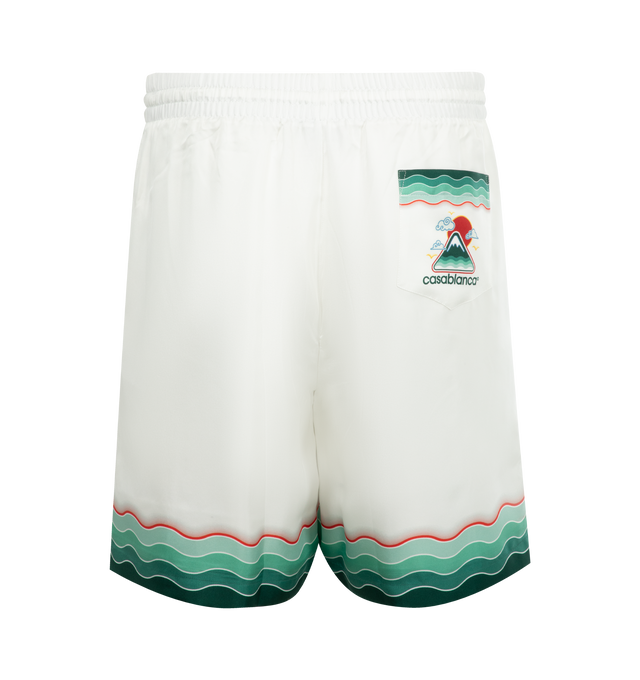 Image 2 of 3 - WHITE - CASABLANCA Montagne Ondulee Silk Short featuring all-over printed design, silk twill fabric, an elasticised waistband, drawstring fastening, in-seam side pockets, a back pocket and Memphis wave-inspired stripe edge detail on the hem and back pocket. 100% silk. Made in Italy. 