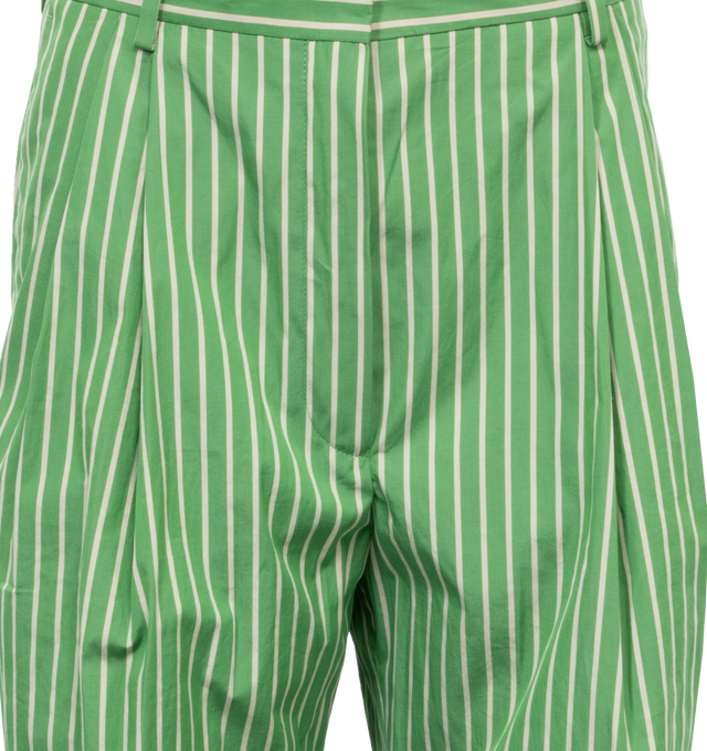 Image 4 of 4 - GREEN - DRIES VAN NOTEN Striped Trousers featuring two side slit pockets, two back flap pockets, concealed zip and hook closure, belt loops and cuffed hem. 100% cotton.  