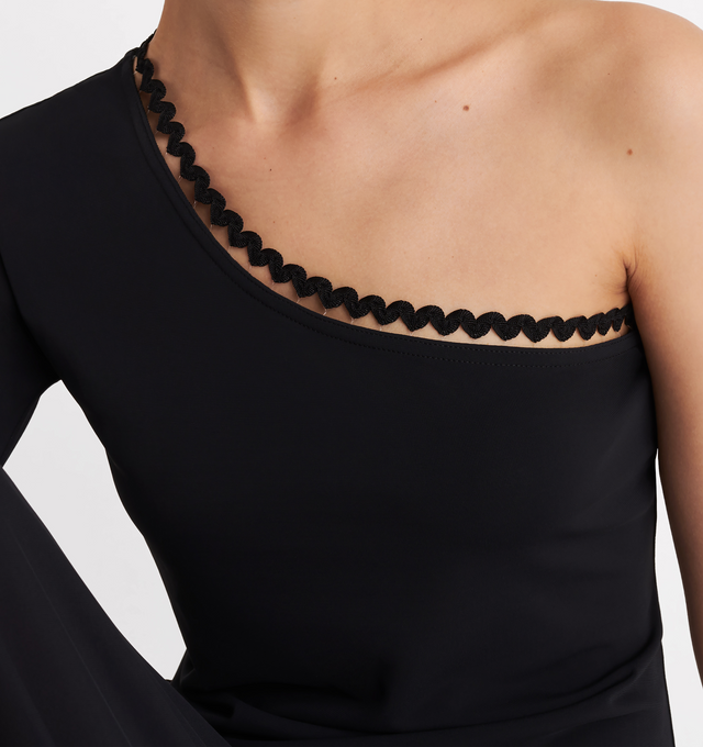 Image 4 of 5 - BLACK - ERES Play One-Shoulder Long Dress featuring rick rack edge suspended by a nylon thread at the neckline, upper back and underarm with long sleeves, integrated bra and is ankle length. Main: 94% Polyamid, 6% Spandex. Second: 93% Polyamid, 6% Spandex, 1% Polyester. Made in Bulgaria. 