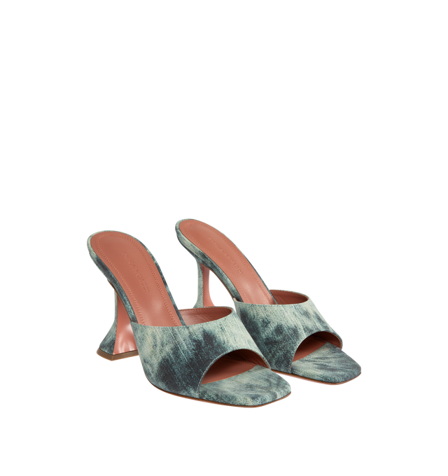 Image 2 of 4 - BLUE - AMINA MUADDI Lupita Slide Sandal in Tie Dye Denim featuring signature flared heel, printed suede, leather upper and leather lining and rubber sole. 95MM pyramid-shaped heel. Made in Italy. 