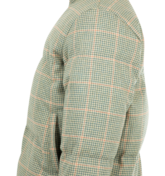 Image 4 of 4 - GREEN - THOM BROWNE Reversible Funnel Neck Down Jacket featuring zip front closure, plaid on one side, green with 4 bar stripe on the other side, stand collar and slit pockets. 100% wool. 100% polyester. Padding: 80% down, 20% feahter. Made in Italy. 