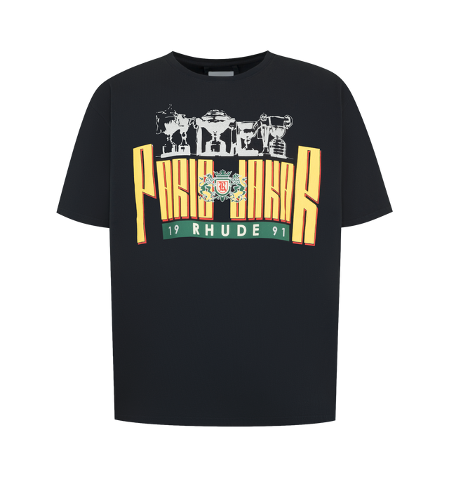 Image 1 of 2 - BLUE - Rhude Mens  T-Shirt is crafted from vintage-wash cotton jersey. Features a crew neck, short sleeves, custom fit, and Rhude Racing Crest graphics printed on the front chest and back. Main Material: 100% Cotton. Made in USA. 