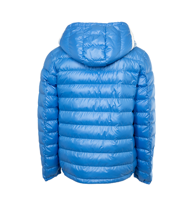 Image 2 of 4 - BLUE - MONCLER Cornour Padded Jacket featuring two-way zip fastening, adjustable hood, padded insulation, and rubberised logo and striped detailing across the hood. 100% polyester. Padding: 90% down, 10% feather. Made in Moldova. 