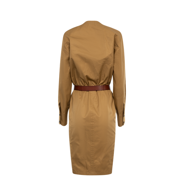 Image 2 of 3 - BROWN - SAINT LAURENT Trench Dress featuring long sleeves, v-neck, wrap style, buttoned cuffs, side slit pockets and an adjustable belt.  