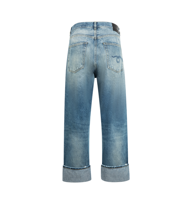 Image 2 of 3 - BLUE - R13 Cuffed X-BF Jeans featuring wide-leg non-stretch denim, fading, whiskering, and subtle distressing throughout, belt loops, five-pocket styling, zip-fly, folled cuffs and leather logo patch at back waistband. 92% cotton, 8% elastomultieste. 