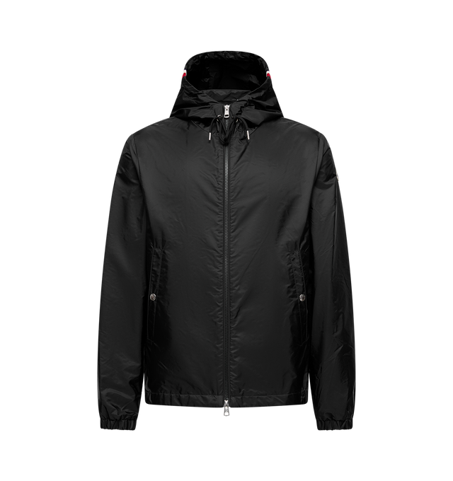 Image 1 of 1 - BLACK - MONCLER Grimpeurs Hooded Windbreaker featuring adjustable hood with tricolor trim, zipper closure, pockets with snap button closure, adjustable cuffs and logo patch. 100% polyamide/nylon. 