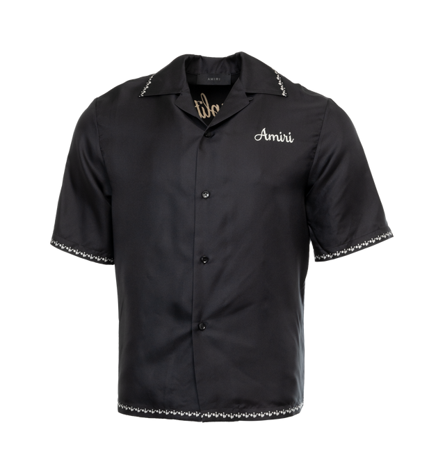 Image 1 of 4 - BLACK - AMIRI Lanesplitters Bowling Shirt featuring cuban collar, short sleeves, button front, logo embroidered on front and graphic logo on back. 100% silk. Made in Italy.