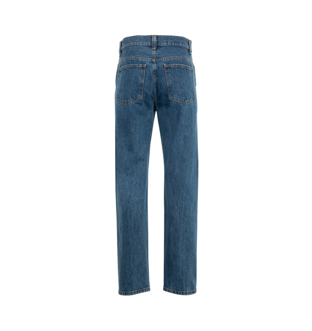 Image 2 of 3 - BLUE - Khaite Corben Jean designed to sit just below the natural waist, this straight-fitting silhouette has a dropped rise and an embossed button of antiqued nickel. Stretch indigo denim (100% cotton). 