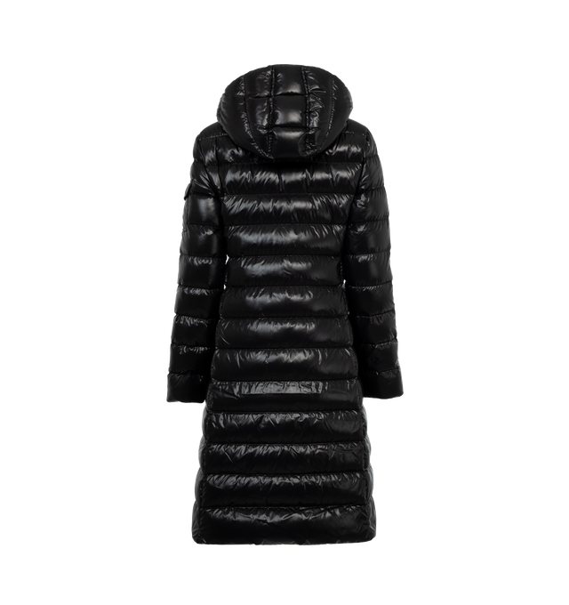 Image 2 of 3 - BLACK - MONCLER Moka Long Jacket featuring nylon laqu, nylon laqu lining, down-filled, detachable hood with a knit trim, zipper closure and pockets with zipper and snap button closure. 100% polyamide/nylon. Padding: 90% down, 10% feather. 