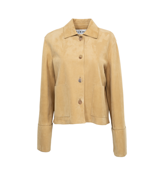 Image 1 of 5 - GOLD - LOEWE TURN-UP JACKET is a lightweight suede lambskin jacket with a relaxed fit, short length, turn-up cuffs, classic collar, button front fastening and front pockets. 100% suede. 