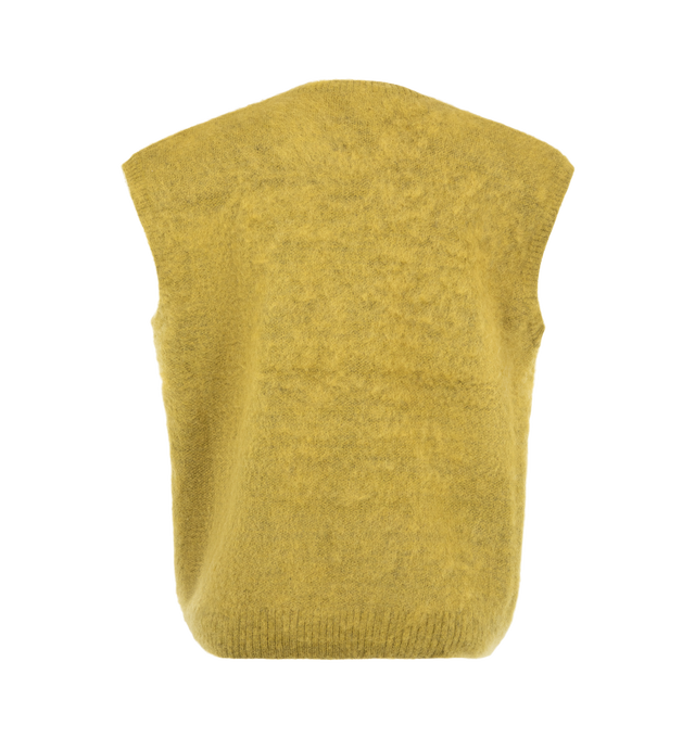 Image 2 of 2 - GREEN - Needles Men's Mohair Knit Vest is crafted from a luxurious mohair blend and features a relaxed V-neck silhouette with slightly broad shoulders, allowing for versatile layering. Returning after a popular debut, this lightweight knit offers exceptional warmth while showcasing the rich color depth and subtle sheen characteristic of long-staple mohair fibers. Main Material: 55% Mohair, 30% Nylon, 15% Wool. Made in Japan. 