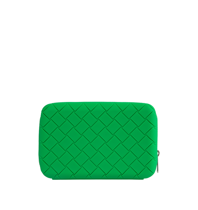 GREEN - BOTTEGA VENETA Tech Rubber Clutch featuring intreccio rubber silicone clutch with detachable and adjustable leather strap, three interior card slots and zippered closure. 7.3" x 4.3" x 2". Strap drop: 18.9". 100% calfskin. Made in Italy.
