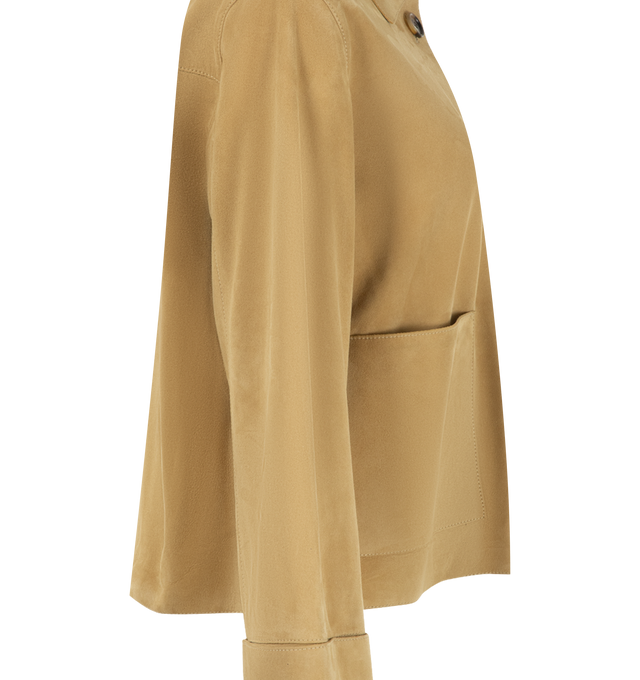 Image 3 of 3 - NEUTRAL - Loewe Women's suede lambskin and features a classic collar, front button closure, patch pockets, and turn-up cuff sleeves in a regular-fit silhouette. This designer suede jacket combines supple lambskin construction with timeless tailoring for elevated everyday layering. Main Material: Suede Lambskin. Made in Spain. 
